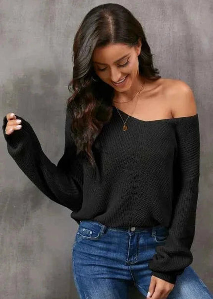 V - Neck Drop Shoulder Sweater - Trendsi