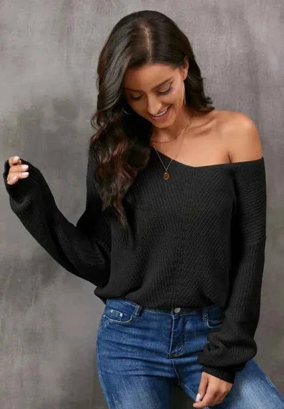 V - Neck Drop Shoulder Sweater - Trendsi