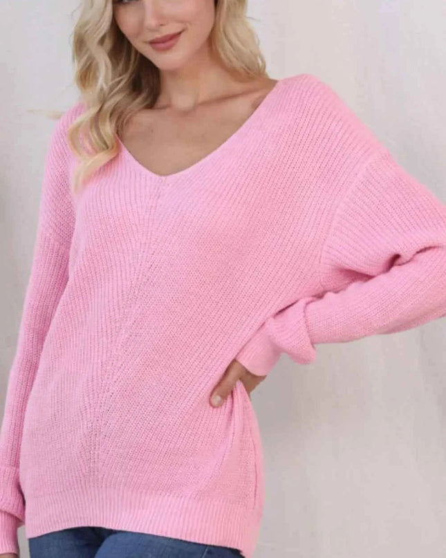 V - Neck Drop Shoulder Sweater - Trendsi