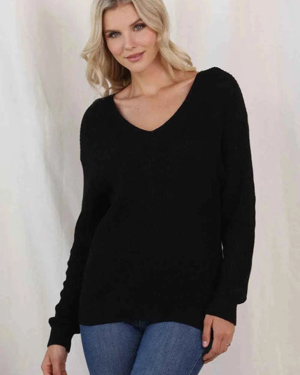 V - Neck Drop Shoulder Sweater - Trendsi