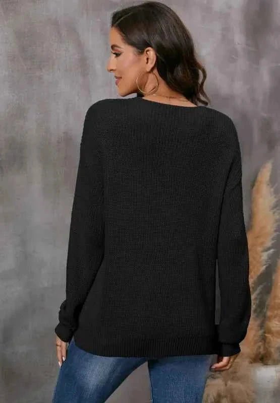 V - Neck Drop Shoulder Sweater - Trendsi
