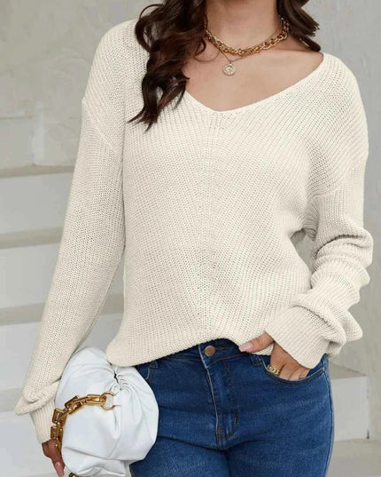 V - Neck Drop Shoulder Sweater - Trendsi