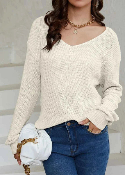 V - Neck Drop Shoulder Sweater - Trendsi