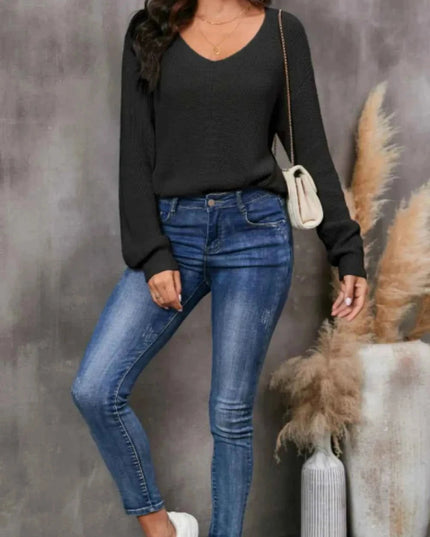 V - Neck Drop Shoulder Sweater - Trendsi