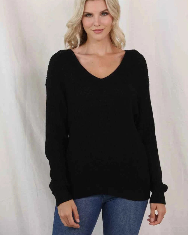 V - Neck Drop Shoulder Sweater - Trendsi