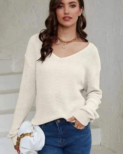V - Neck Drop Shoulder Sweater - Trendsi