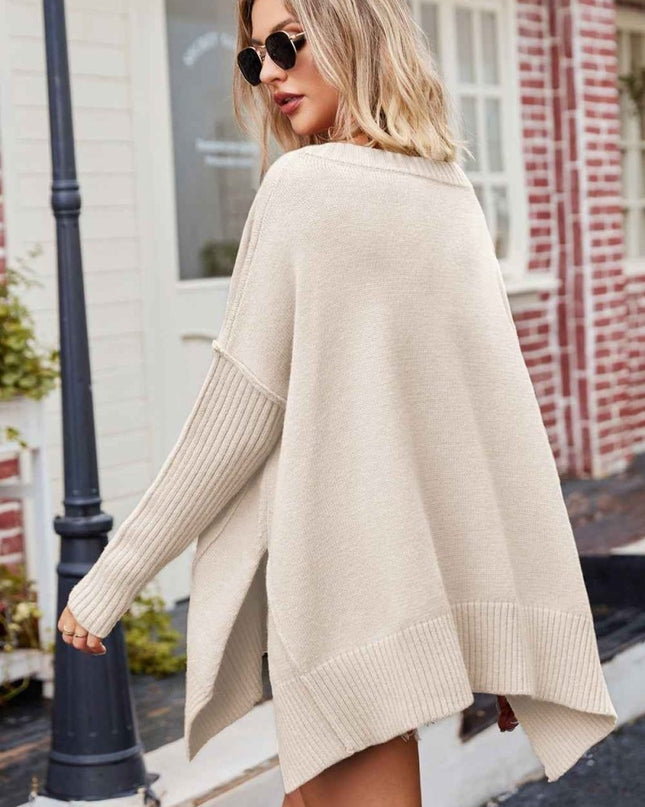 V - Neck Dropped Shoulder Ribbed Long Sleeve Sweater - Trendsi
