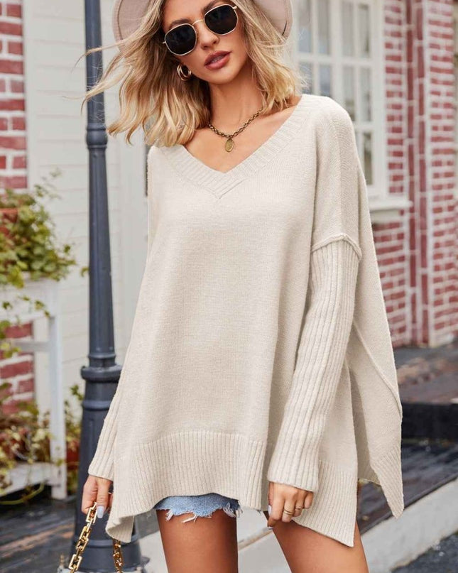 V - Neck Dropped Shoulder Ribbed Long Sleeve Sweater - Trendsi