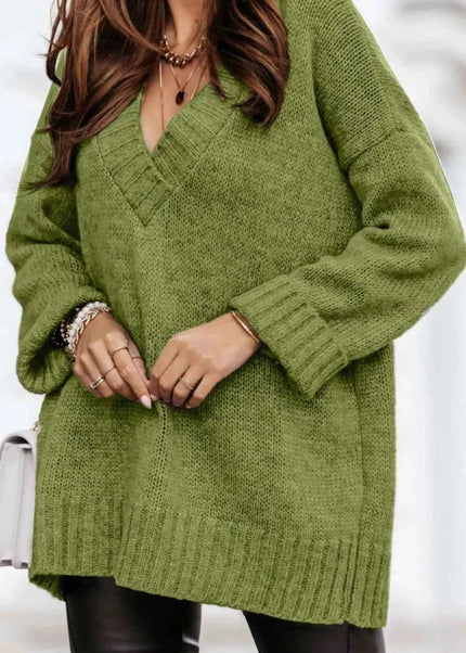 V - Neck Dropped Shoulder Sweater - Trendsi