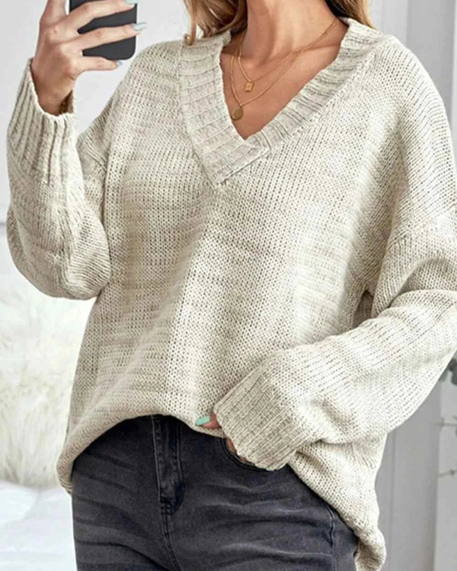 V - Neck Dropped Shoulder Sweater - Trendsi