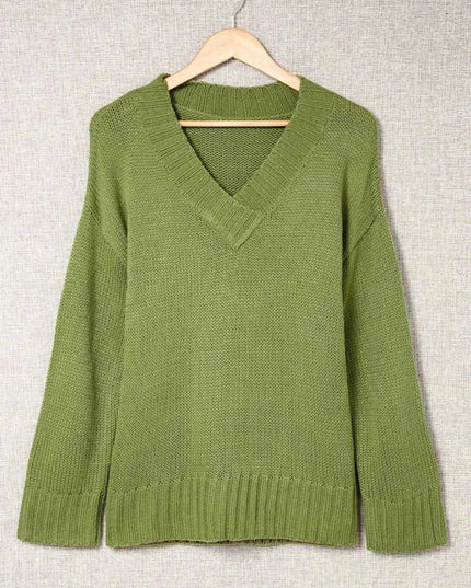 V - Neck Dropped Shoulder Sweater - Trendsi