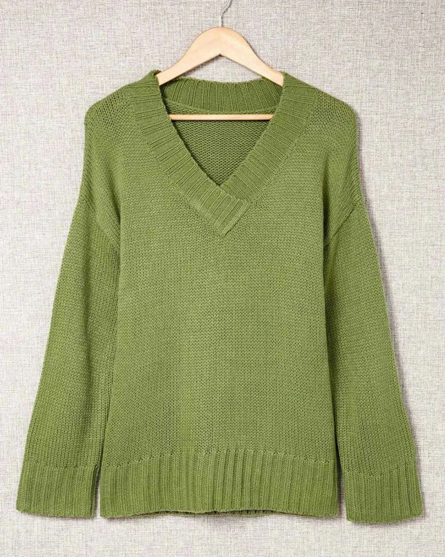 V - Neck Dropped Shoulder Sweater - Trendsi
