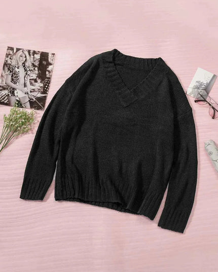 V - Neck Dropped Shoulder Sweater - Trendsi