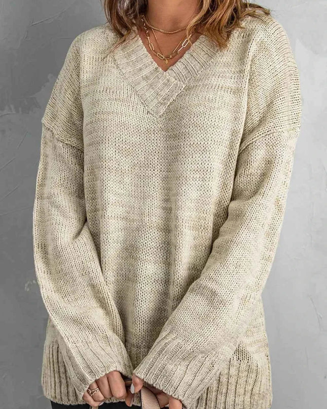 V - Neck Dropped Shoulder Sweater - Trendsi