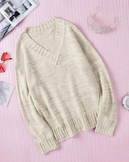 V - Neck Dropped Shoulder Sweater - Trendsi