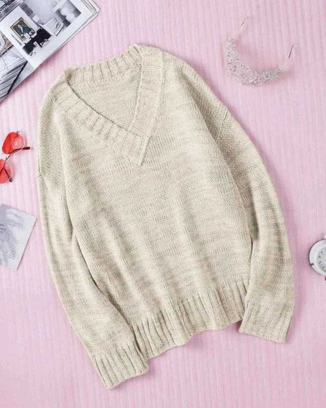 V - Neck Dropped Shoulder Sweater - Trendsi