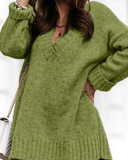 V - Neck Dropped Shoulder Sweater - Trendsi