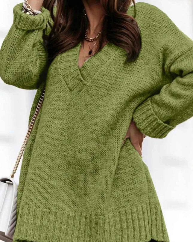 V - Neck Dropped Shoulder Sweater - Trendsi