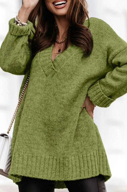 V - Neck Dropped Shoulder Sweater - Trendsi