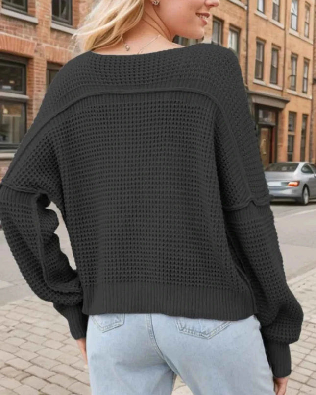 V - Neck Long Sleeve Sweater - Trendsi
