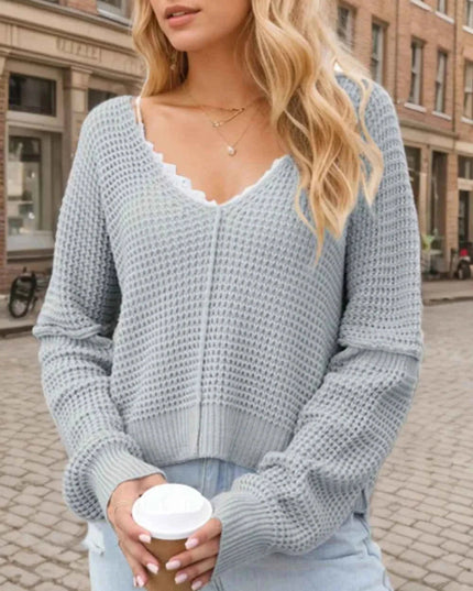 V - Neck Long Sleeve Sweater - Trendsi