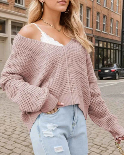 V - Neck Long Sleeve Sweater - Trendsi