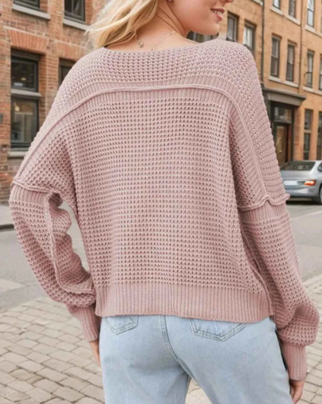 V - Neck Long Sleeve Sweater - Trendsi