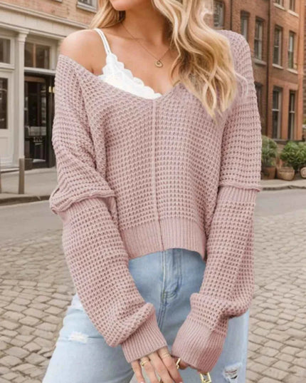 V - Neck Long Sleeve Sweater - Trendsi