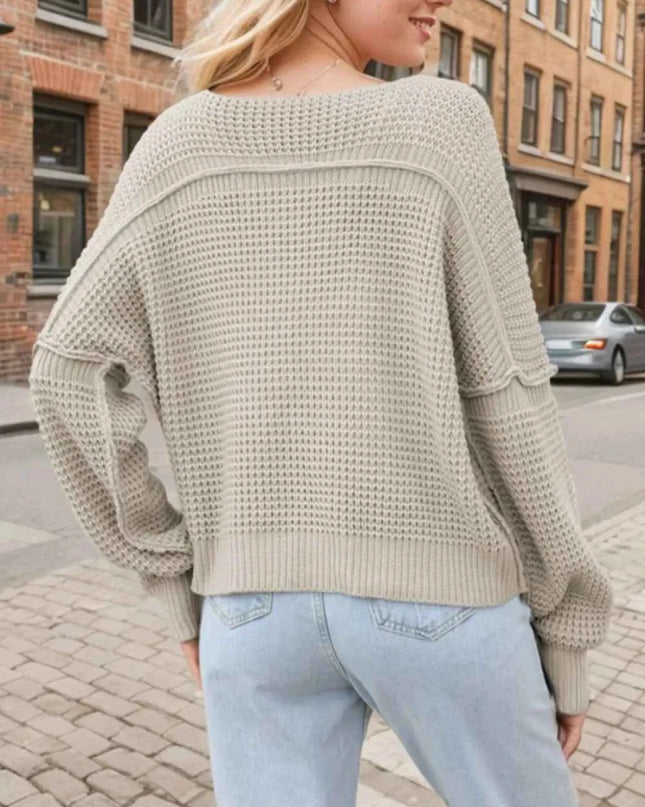 V - Neck Long Sleeve Sweater - Trendsi