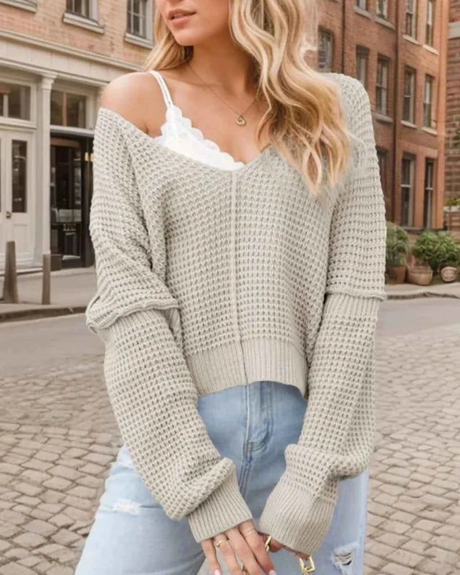 V - Neck Long Sleeve Sweater - Trendsi