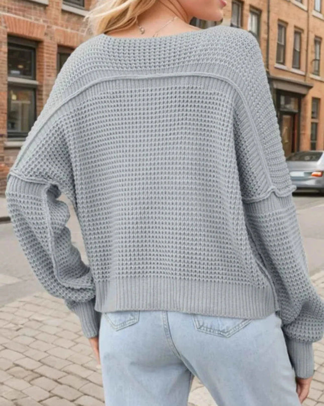 V - Neck Long Sleeve Sweater - Trendsi