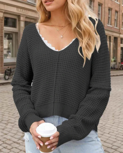 V - Neck Long Sleeve Sweater - Trendsi