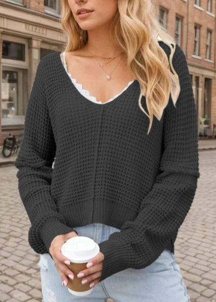 V - Neck Long Sleeve Sweater - Trendsi