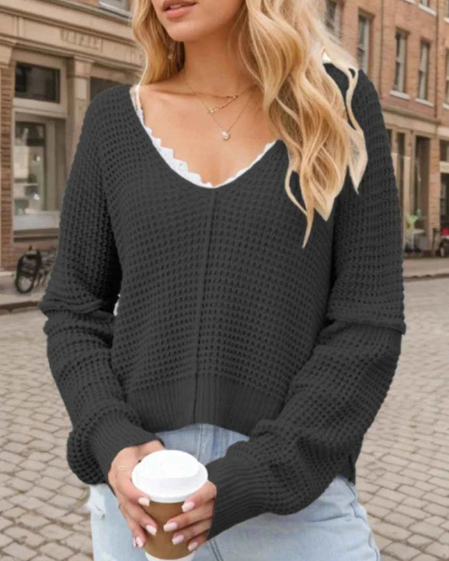 V - Neck Long Sleeve Sweater - Trendsi