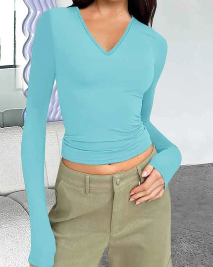 V - Neck Long Sleeve T-Shirt - Trendsi