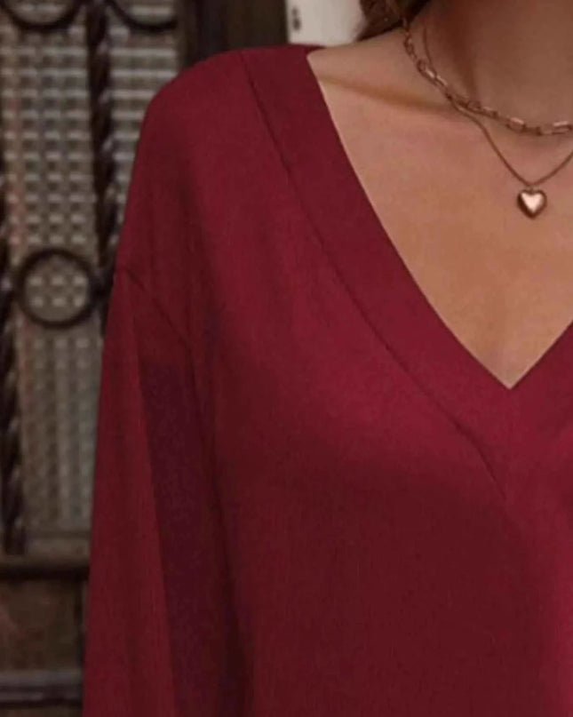 V - Neck Long Sleeve T-Shirt - Trendsi