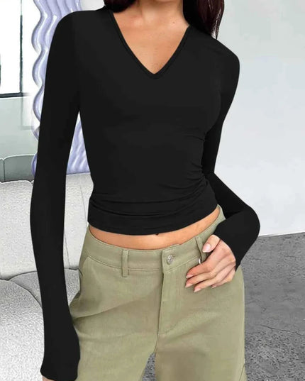 V - Neck Long Sleeve T-Shirt - Trendsi