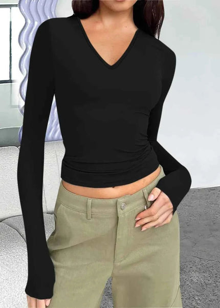 V - Neck Long Sleeve T-Shirt - Trendsi