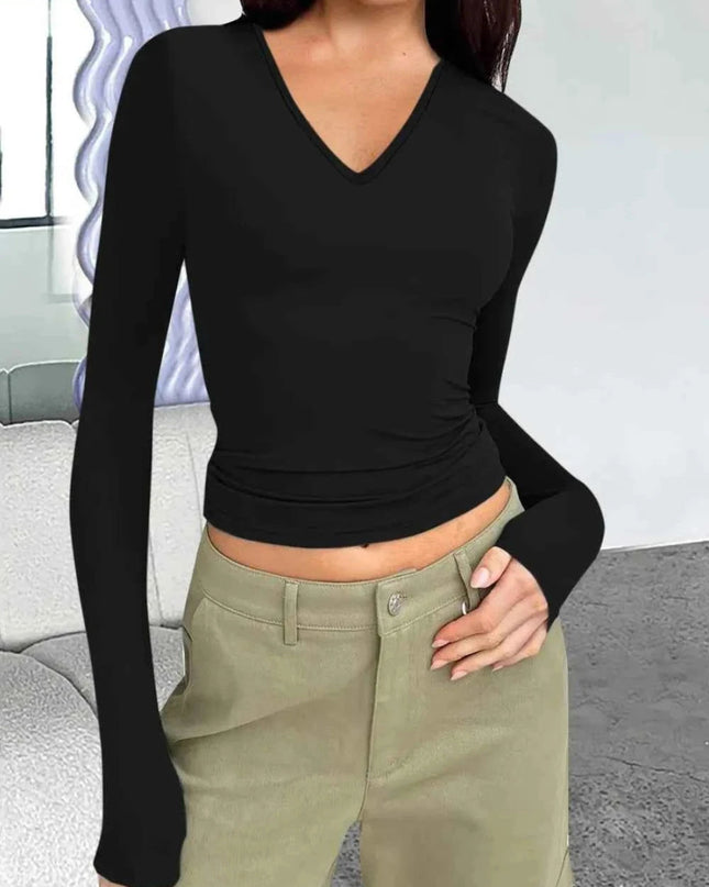 V - Neck Long Sleeve T-Shirt - Trendsi