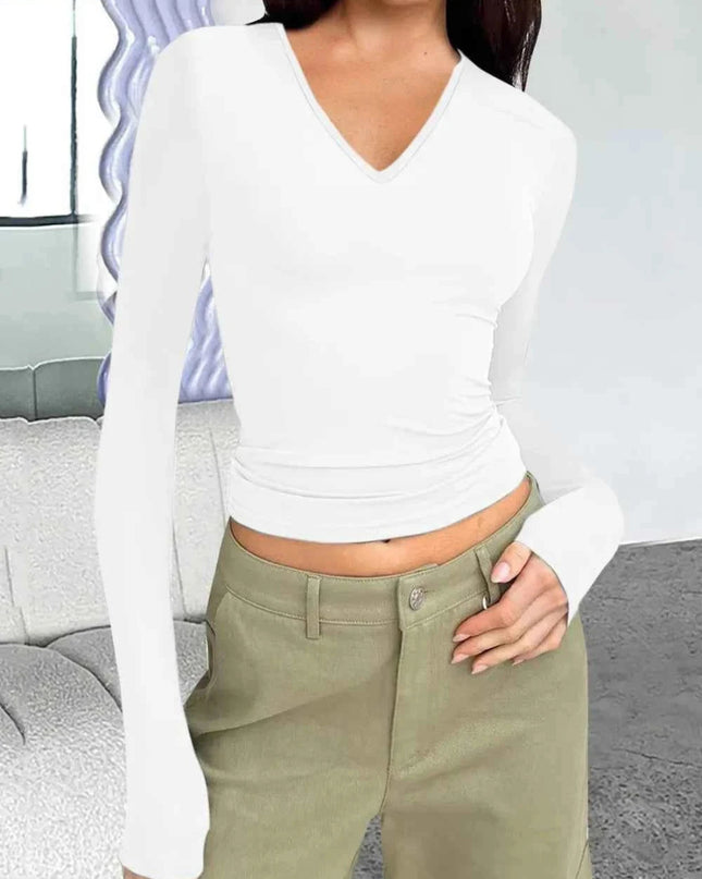 V - Neck Long Sleeve T-Shirt - Trendsi