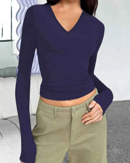 V - Neck Long Sleeve T-Shirt - Trendsi