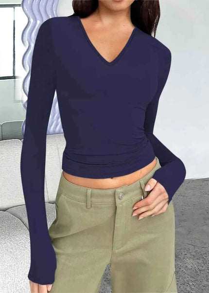 V - Neck Long Sleeve T-Shirt - Trendsi