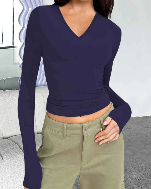 V - Neck Long Sleeve T-Shirt - Trendsi