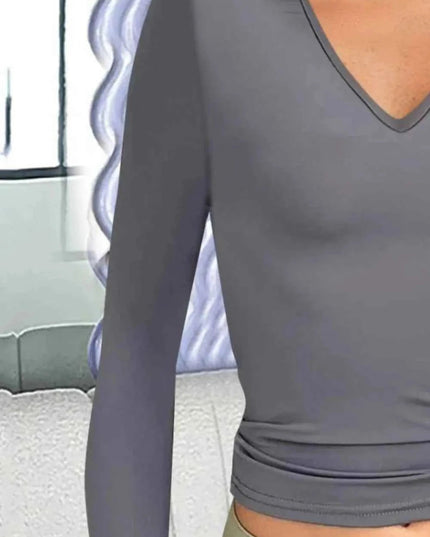 V - Neck Long Sleeve T-Shirt - Trendsi