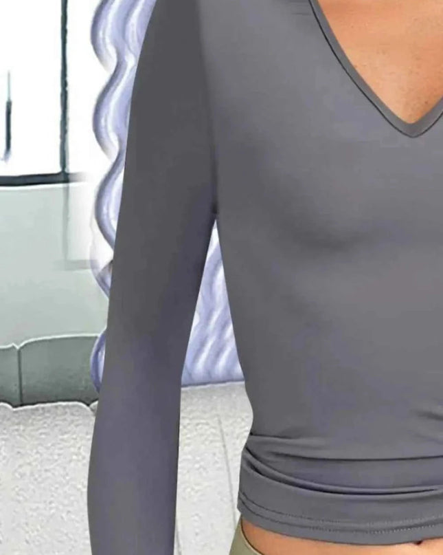 V - Neck Long Sleeve T-Shirt - Trendsi
