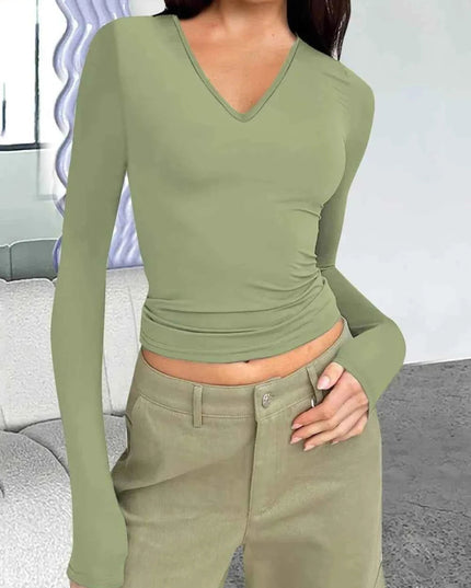 V - Neck Long Sleeve T-Shirt - Trendsi