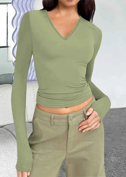 V - Neck Long Sleeve T-Shirt - Trendsi