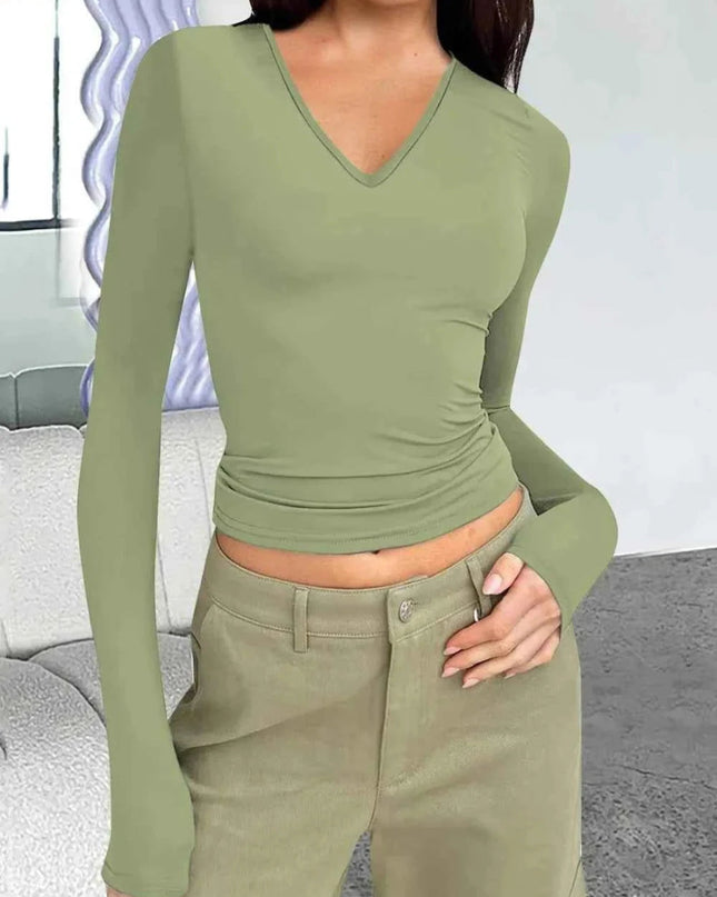 V - Neck Long Sleeve T-Shirt - Trendsi