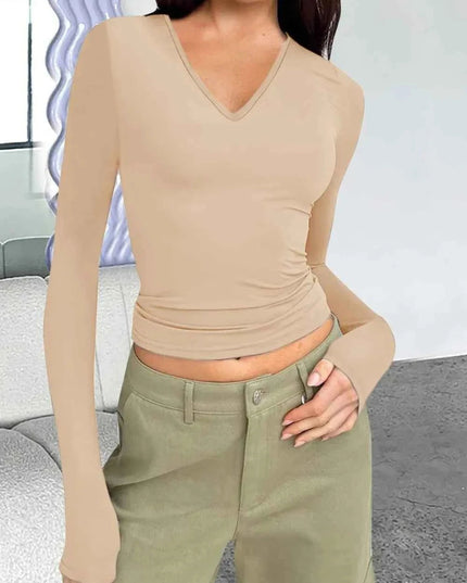 V - Neck Long Sleeve T-Shirt - Trendsi