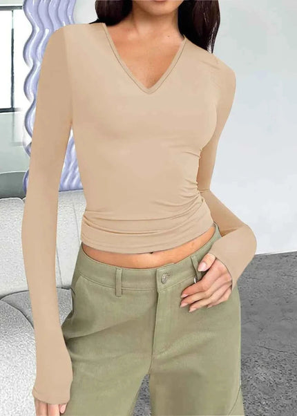 V - Neck Long Sleeve T-Shirt - Trendsi